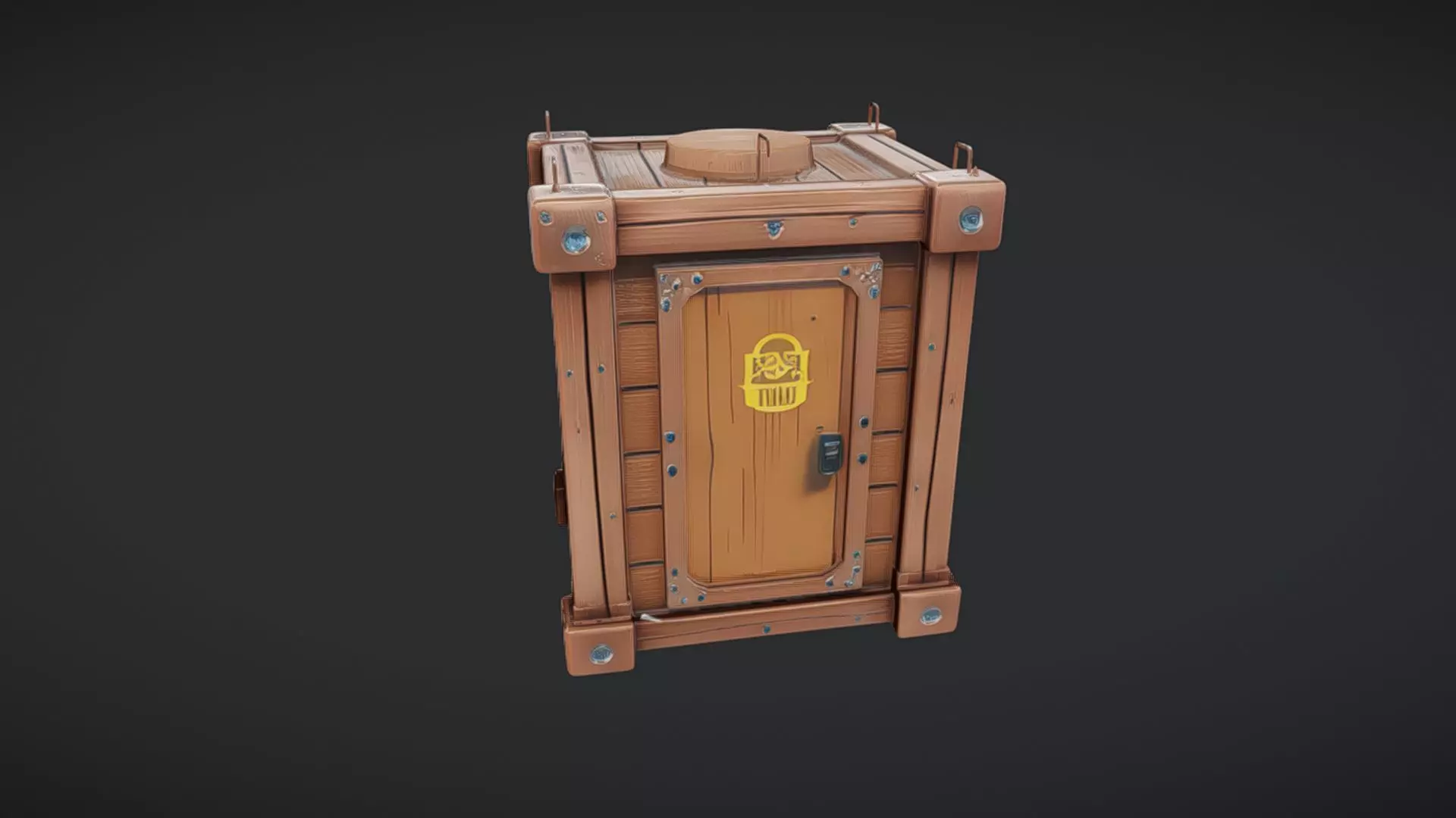 wooden storage crate with metal reinforcements 3D model_0