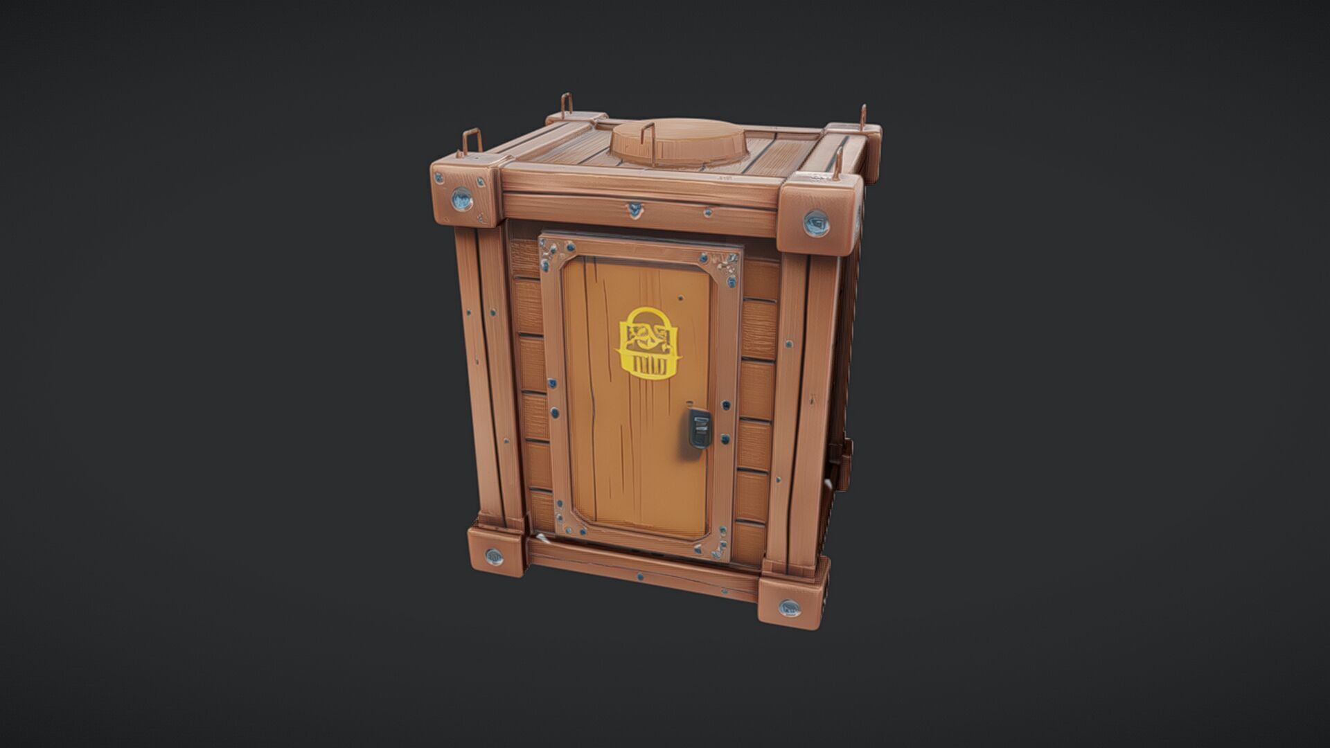 wooden storage crate with metal reinforcements 3D model_1
