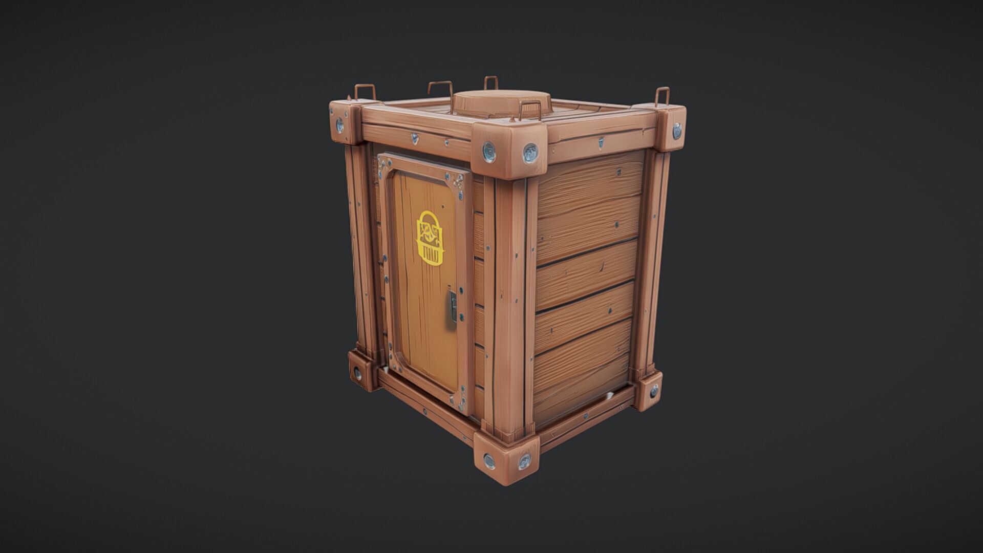 wooden storage crate with metal reinforcements 3D model_2