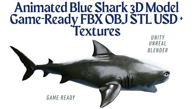 Animated Blue Shark 3D Model Game-Ready FBX OBJ STL USD Textures Low-poly 3D model