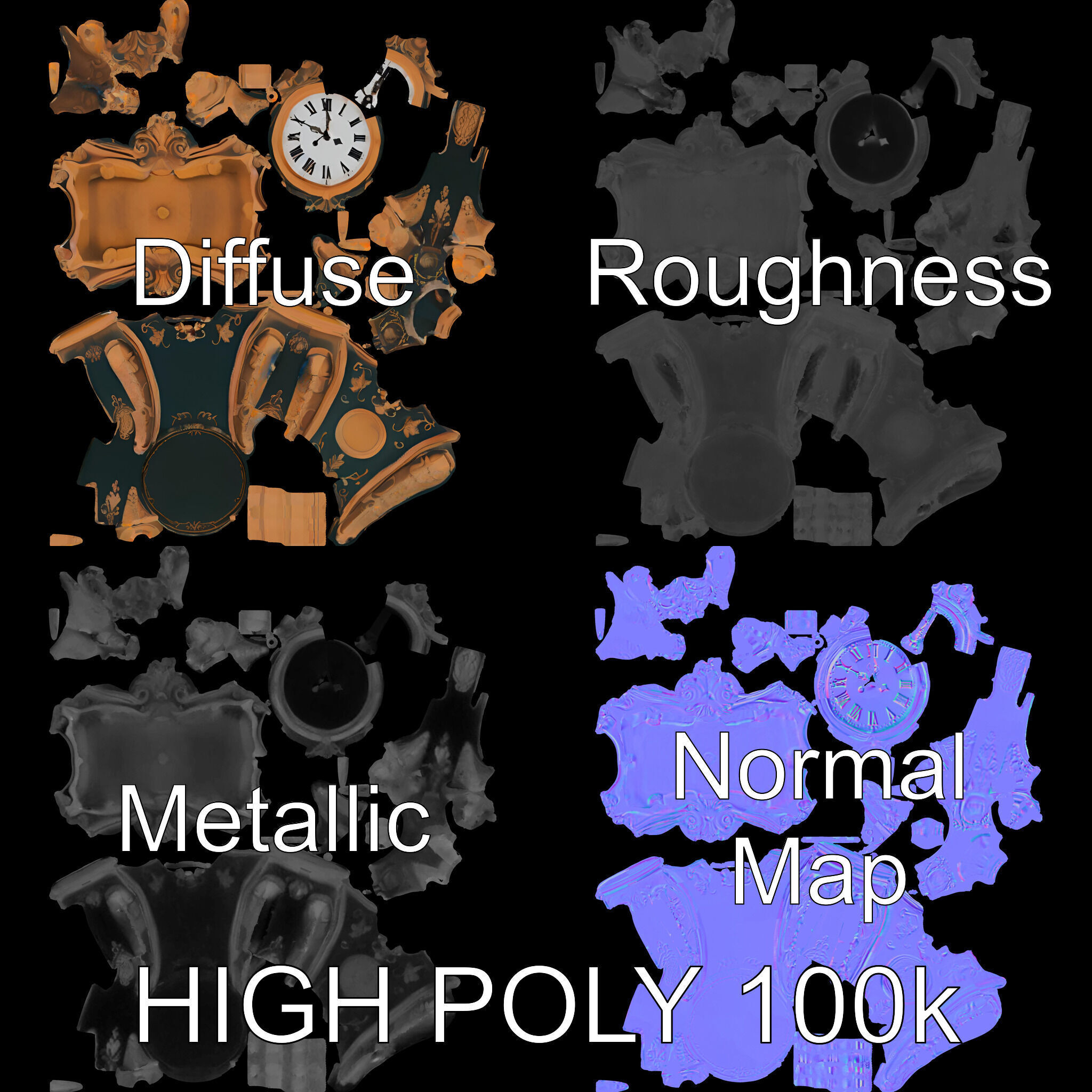 Antique Ornate Clock Model Pack Low-poly 3D model_2