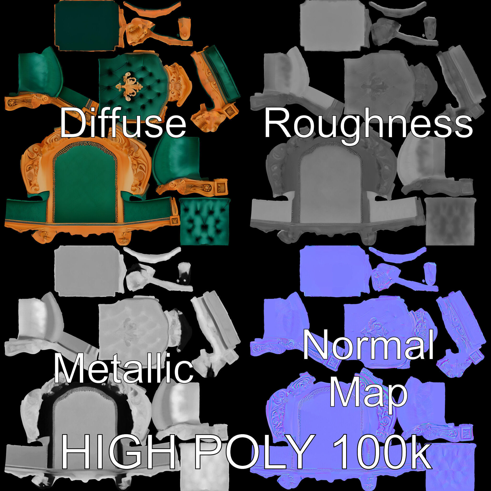 Luxurious Baroque Throne Chair D Model Pack Low-poly 3D model_2