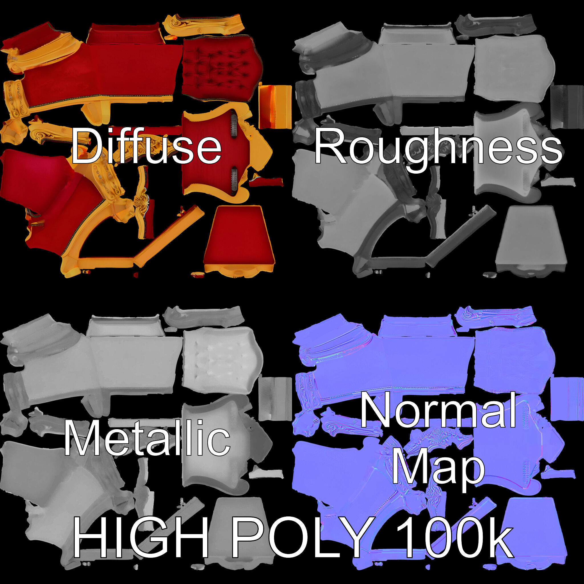 Majestic Golden Throne Chair Model Pack Low-poly 3D model_2