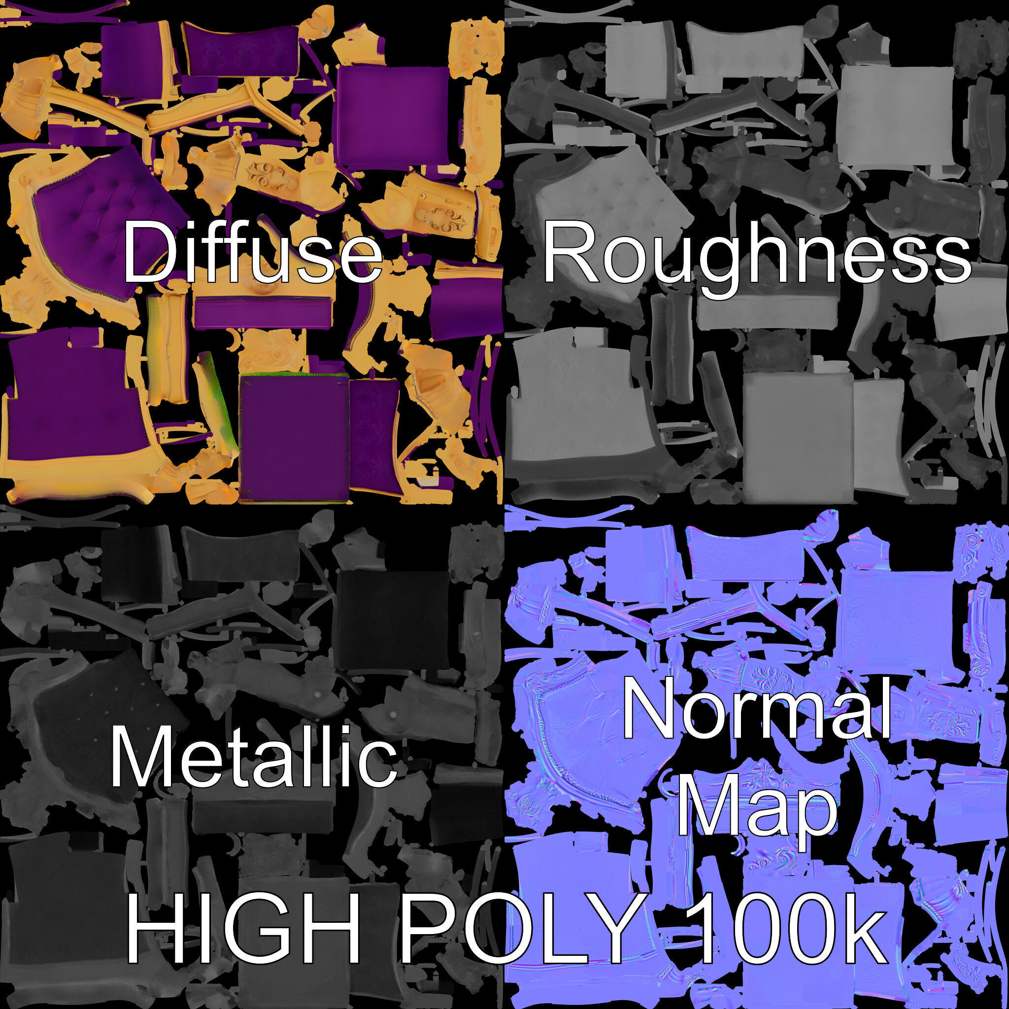 Ornate Royal Throne Chair Model Pack Low-poly 3D model_2