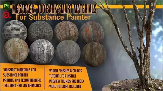 Megapack 100 Bark smart materials for Substance Painter