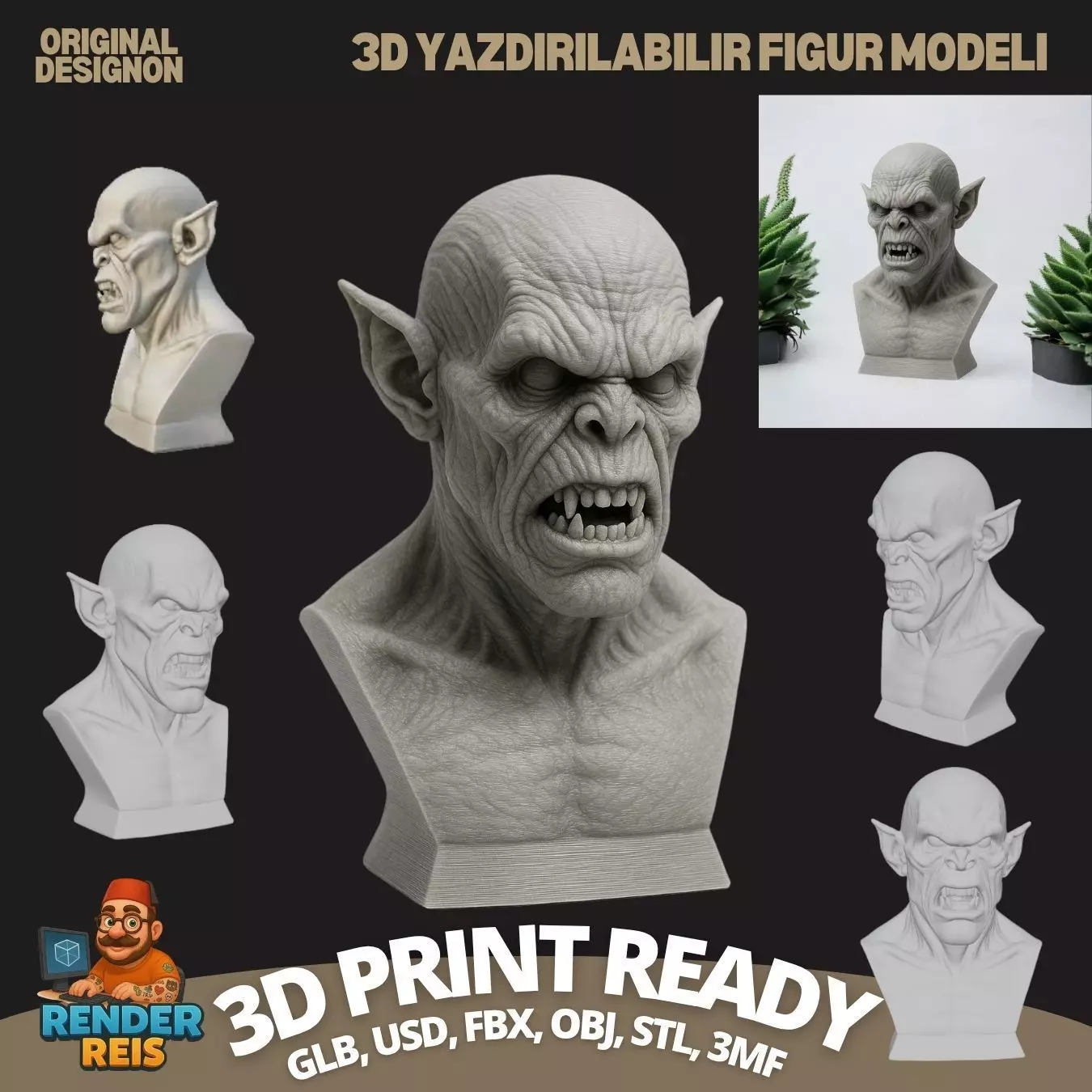 Warrior from Fantasy Realms Detailed Orc Bust 3D print model