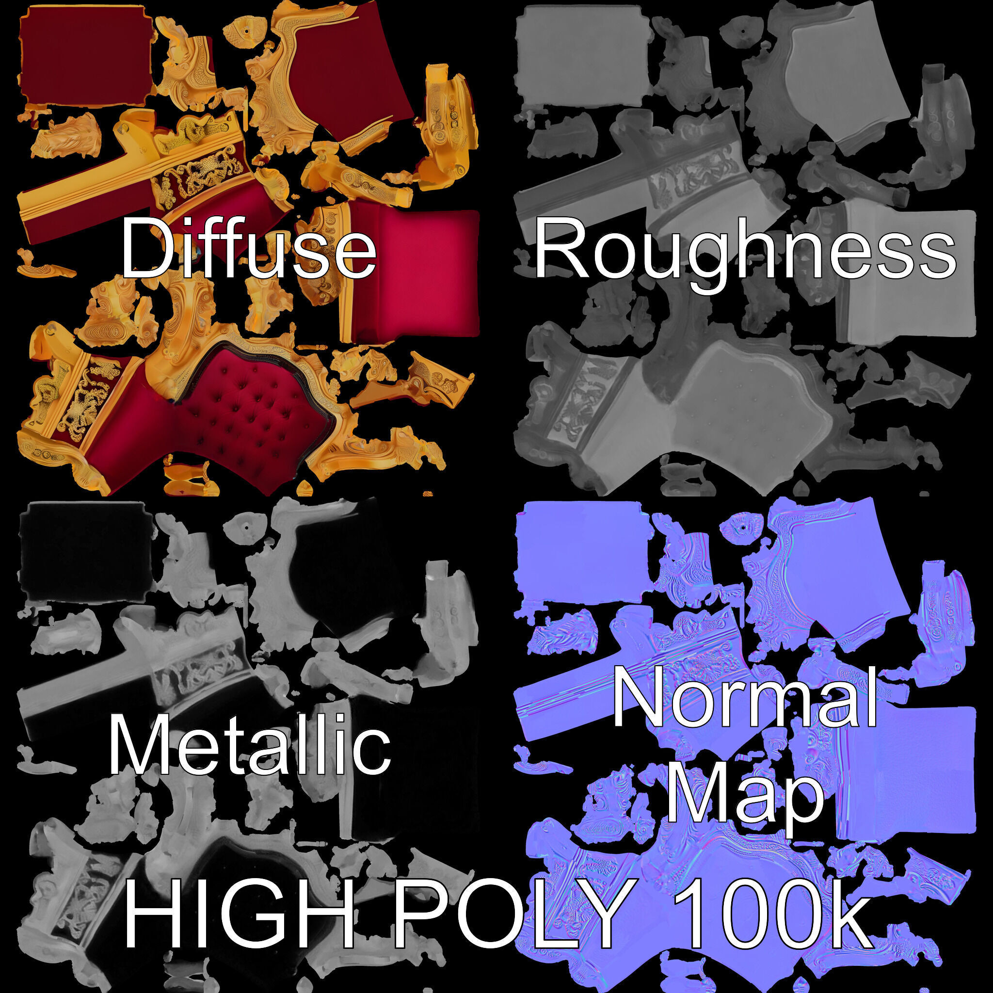 Royal Throne Chair Model Pack with Ornate Detailing Low-poly 3D model_2