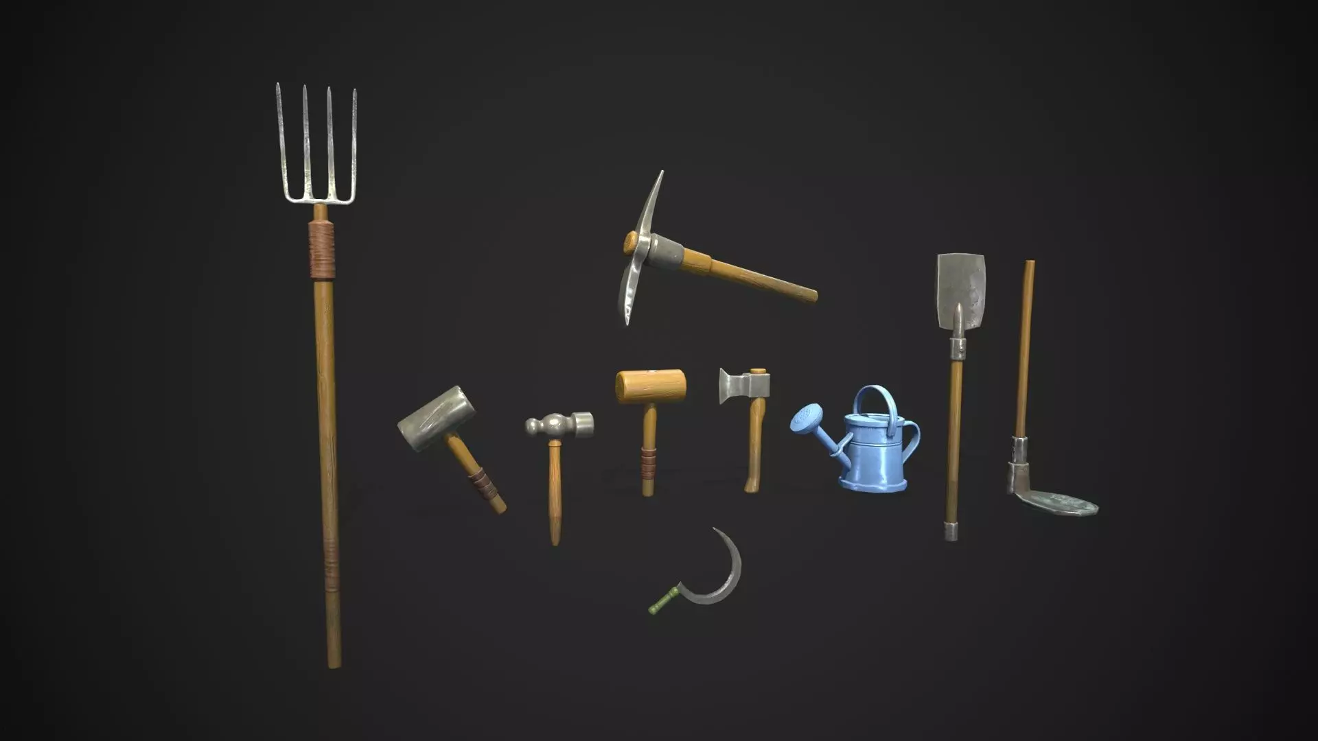 Stylized Farm tools pack 01 10 Types Game Ready low-poly Low-poly 3D model_0