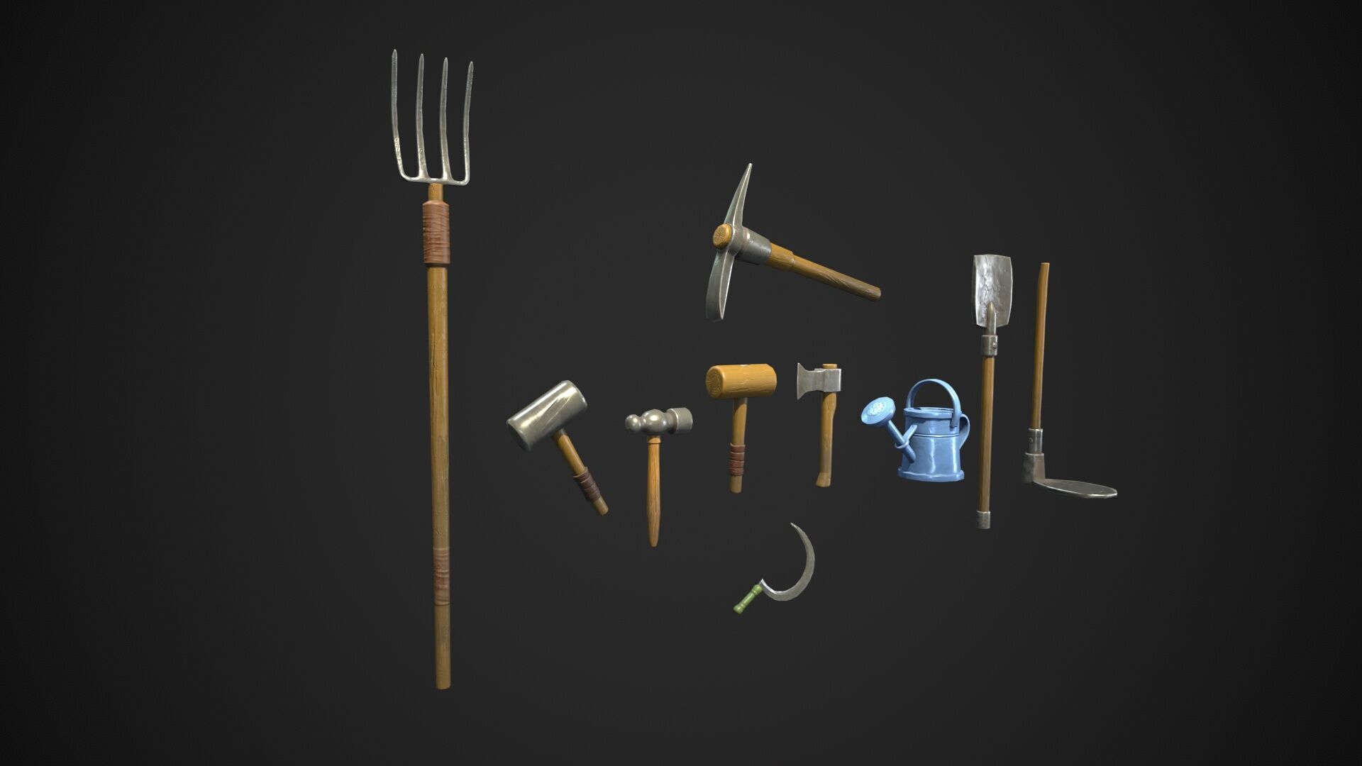Stylized Farm tools pack 01 10 Types Game Ready low-poly Low-poly 3D model_16