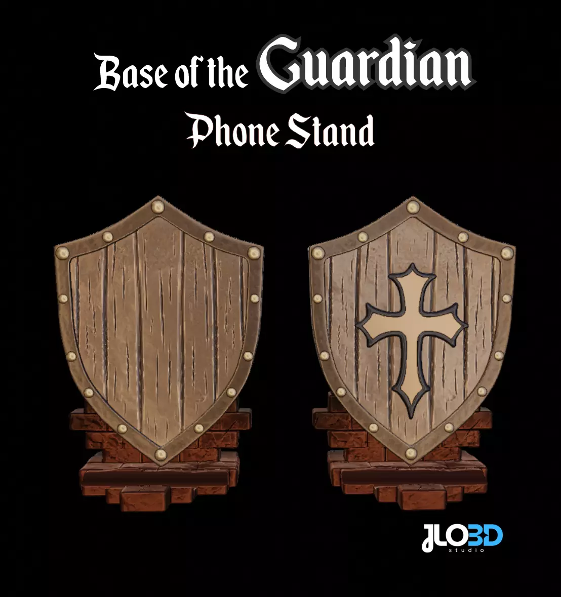 Heroic Phone Stand Shield Design with Cross for Desk Setup 3D print model