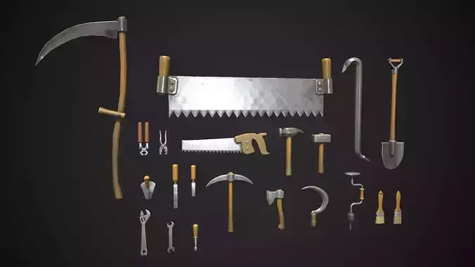 Stylized Farm tools pack 02  21 Types Game Ready low-poly Low-poly 3D model