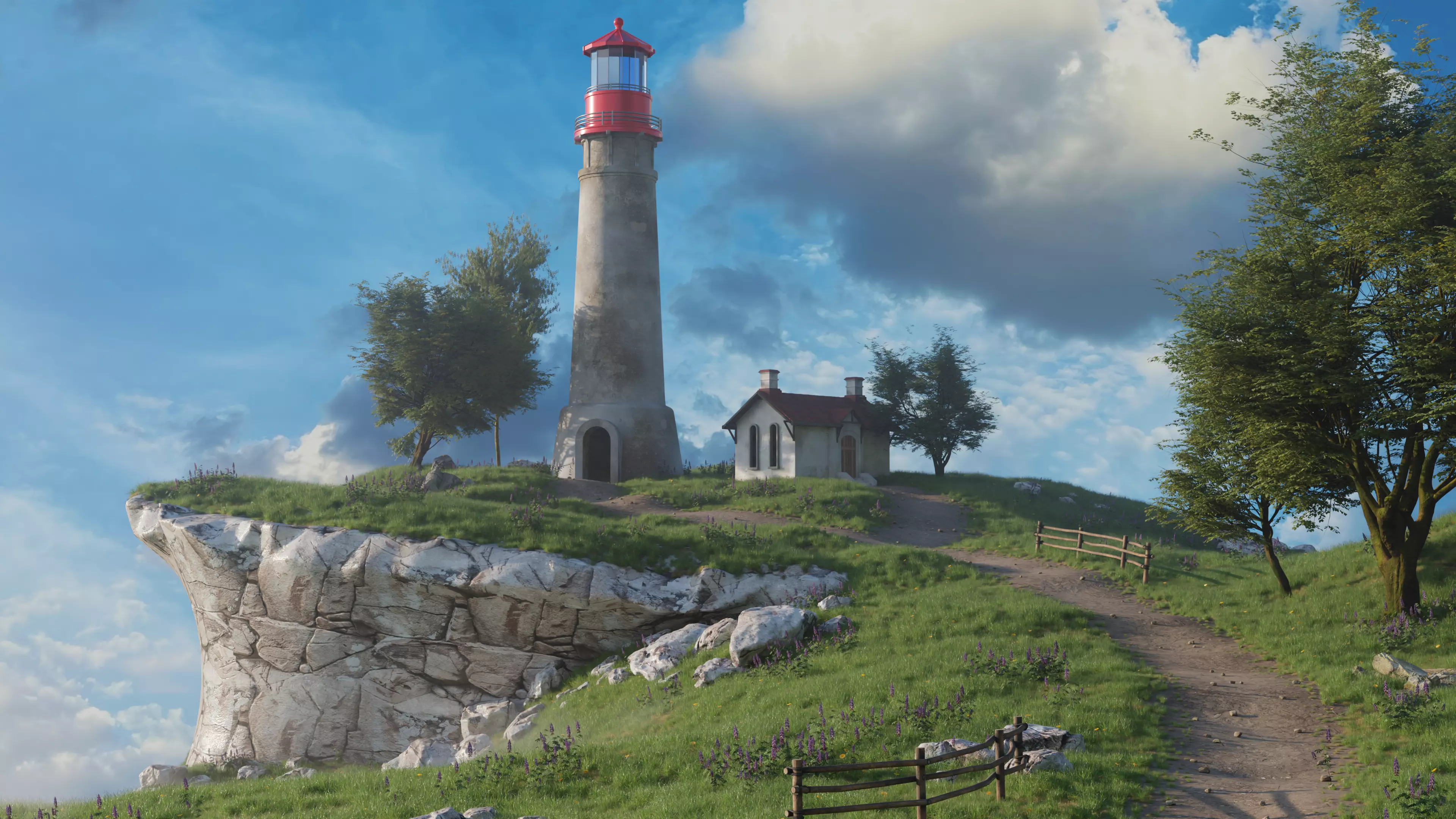 High-Quality Nature Scene with Lighthouse on Cliff 3D model_0
