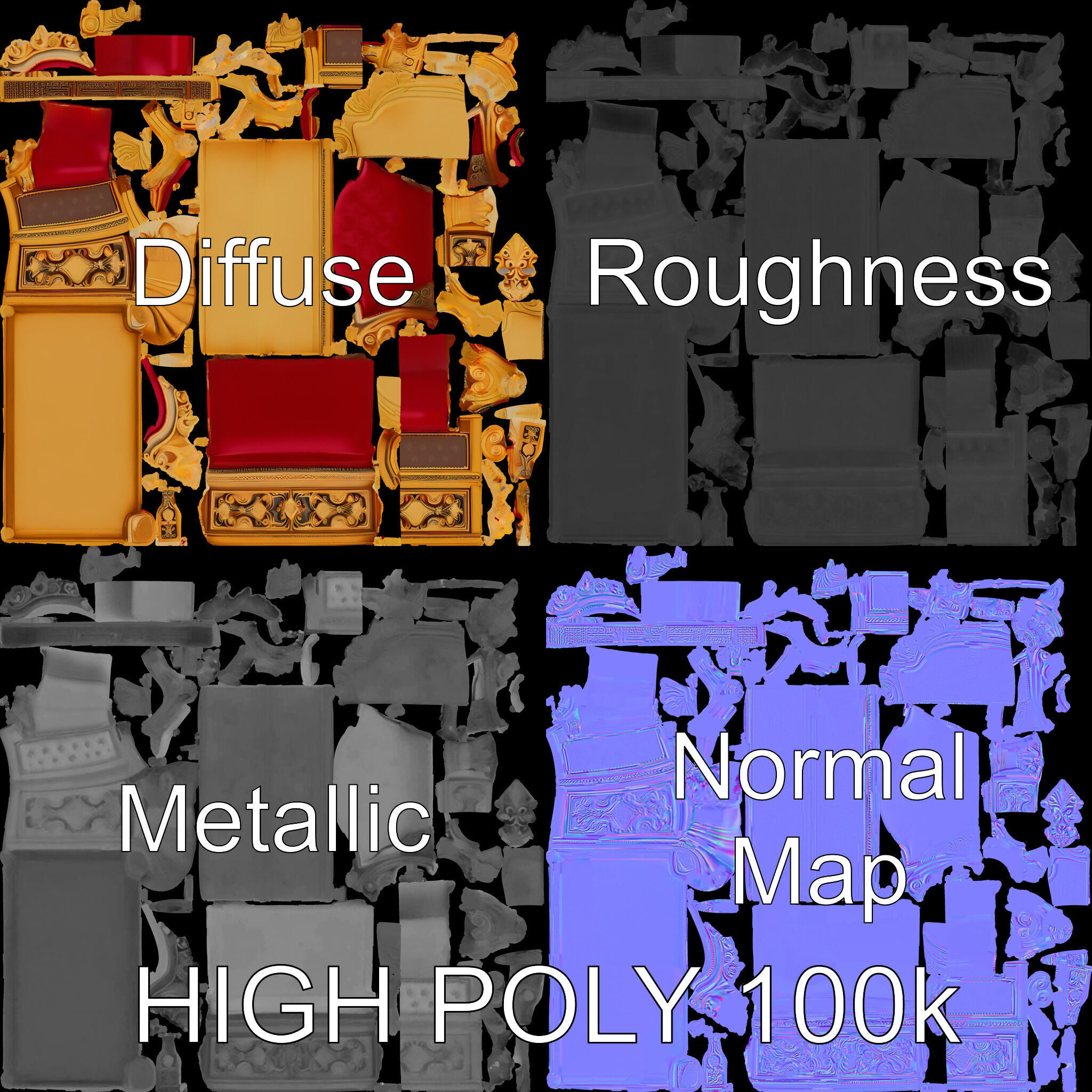 Regal Throne Chair Model Pack Low-poly 3D model_2