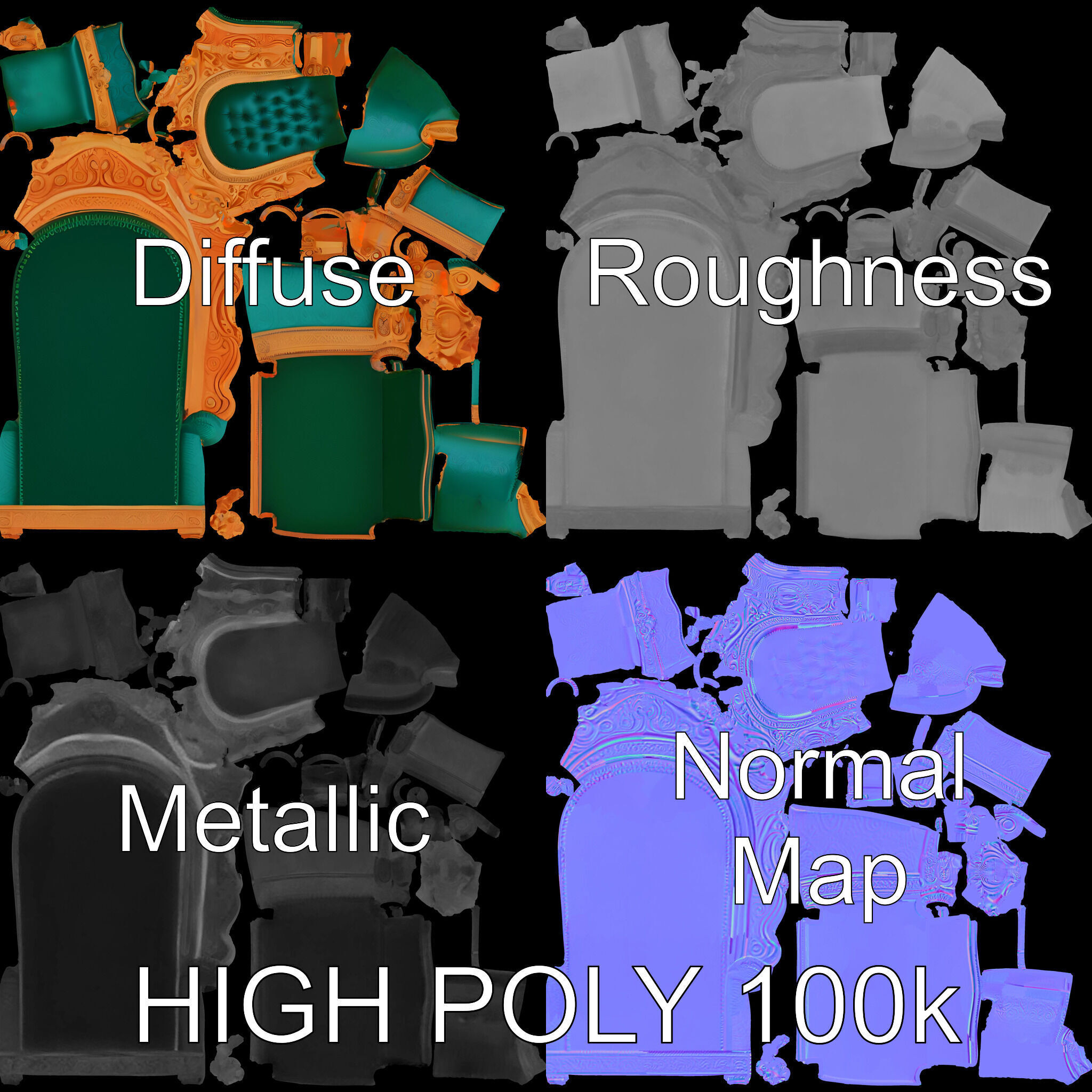 Ornate Royal Throne Chair Model Pack Low-poly 3D model_2