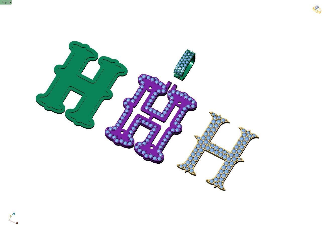 Custom Initial H Letter Diamond  A to Z Alphabet  Necklace 3D print model_12