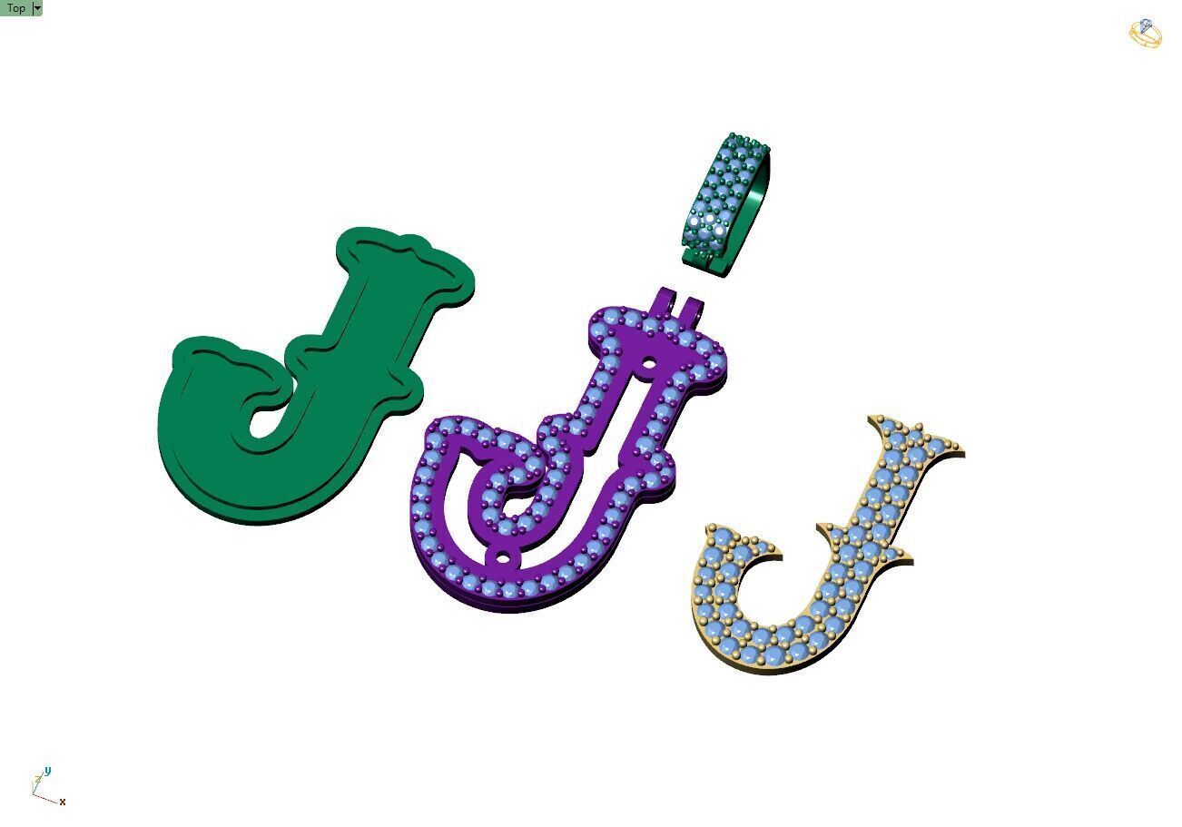 Custom Initial J Letter Diamond  A to Z Alphabet  Necklace 3D print model_12