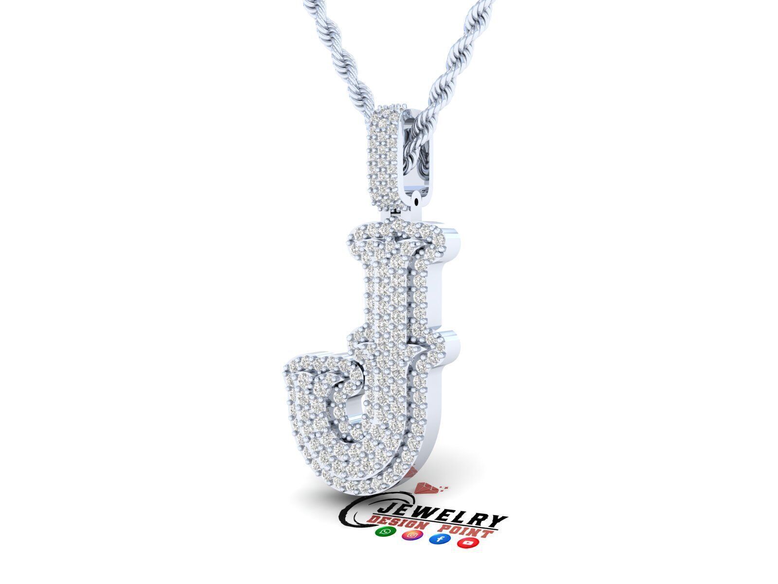 Custom Initial J Letter Diamond  A to Z Alphabet  Necklace 3D print model_3