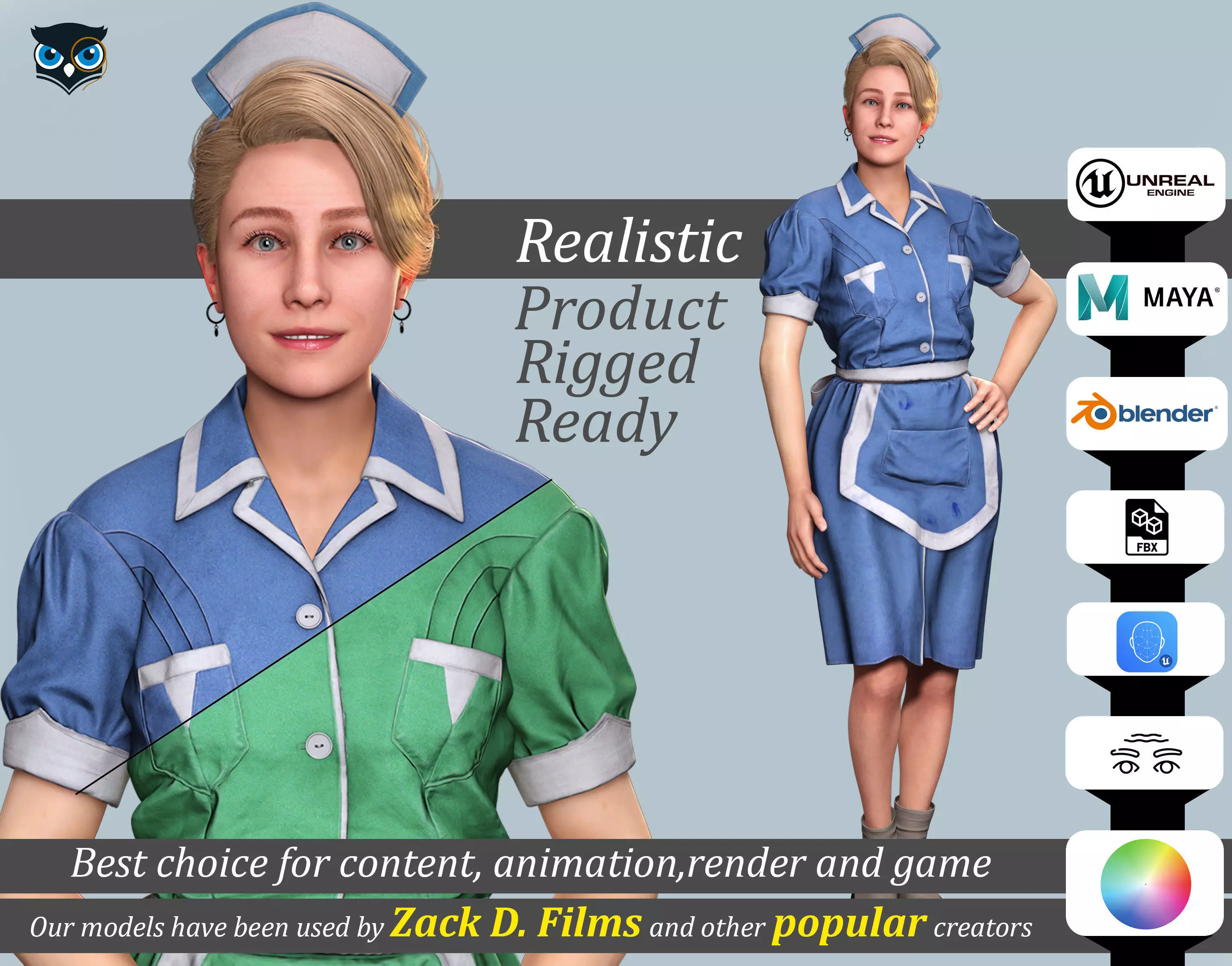 Nurse Character Game Ready Woman in Uniform Low-poly 3D model_0