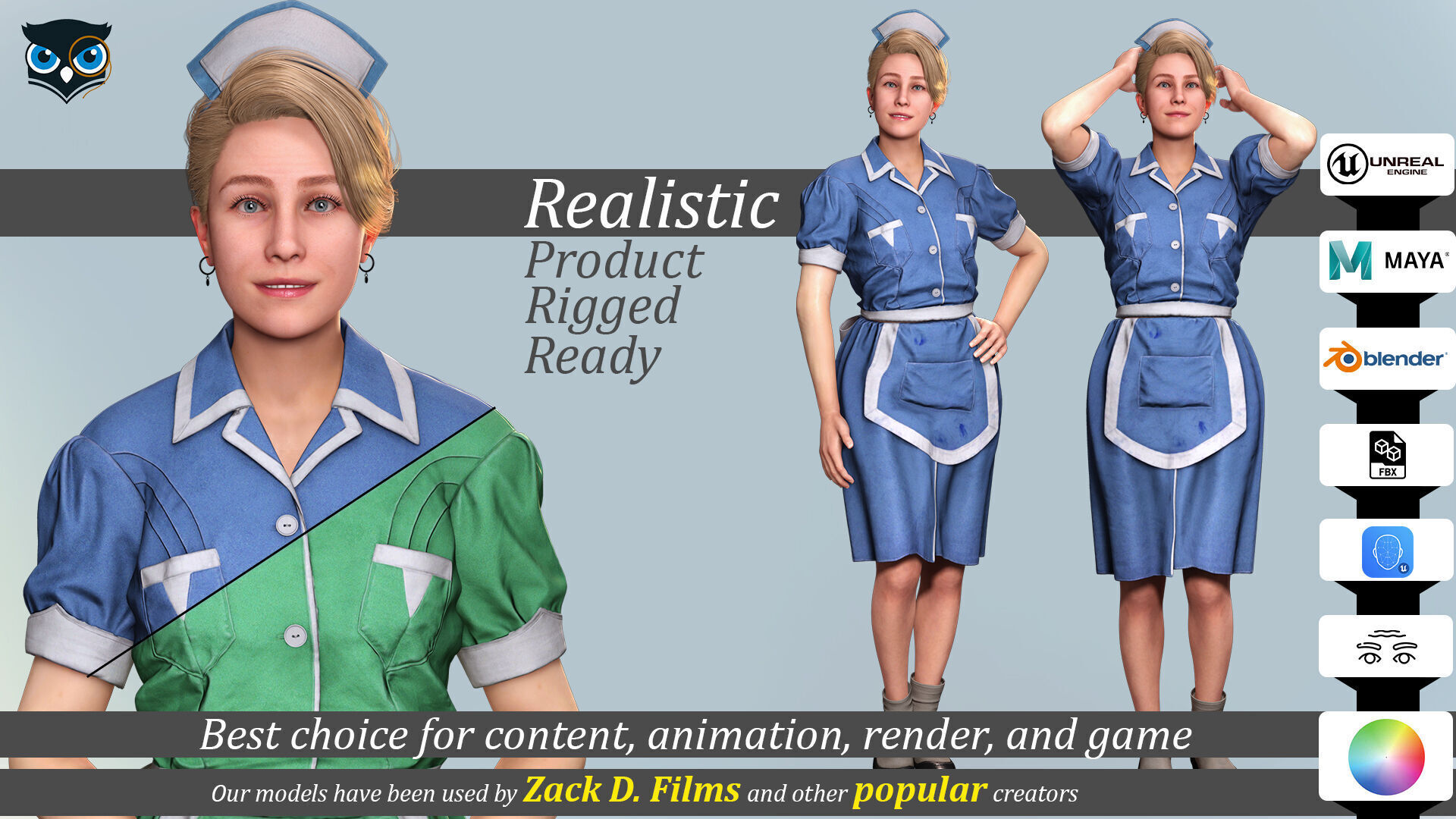 Nurse Character Game Ready Woman in Uniform Low-poly 3D model_1