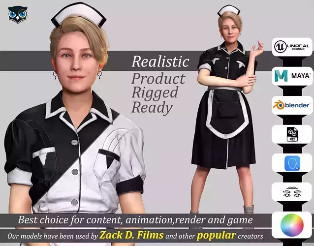 Vintage Housekeeper Woman Game Ready Model Low-poly 3D model