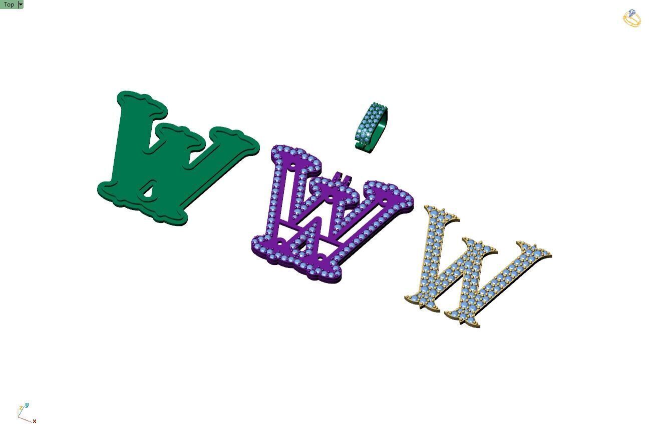 Custom Initial W Letter Diamond  A to Z Alphabet  Necklace 3D print model_12