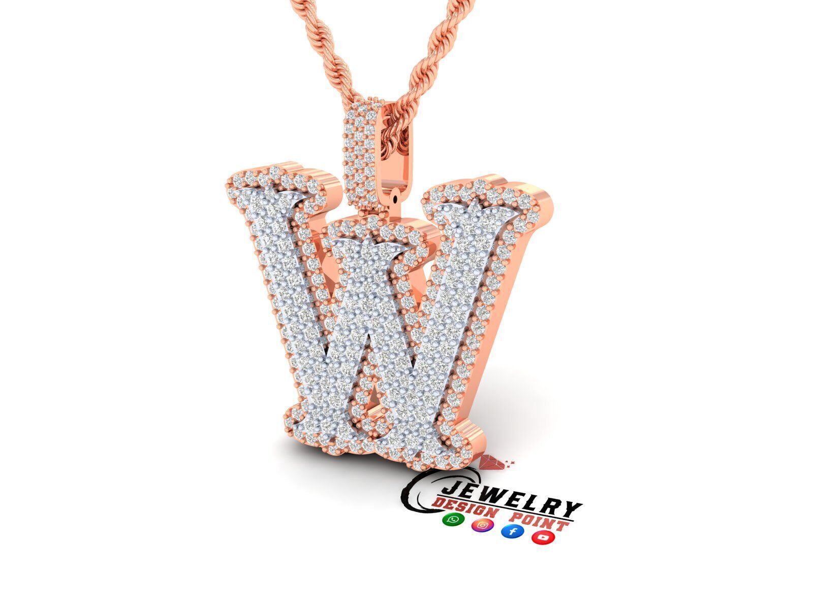 Custom Initial W Letter Diamond  A to Z Alphabet  Necklace 3D print model_3