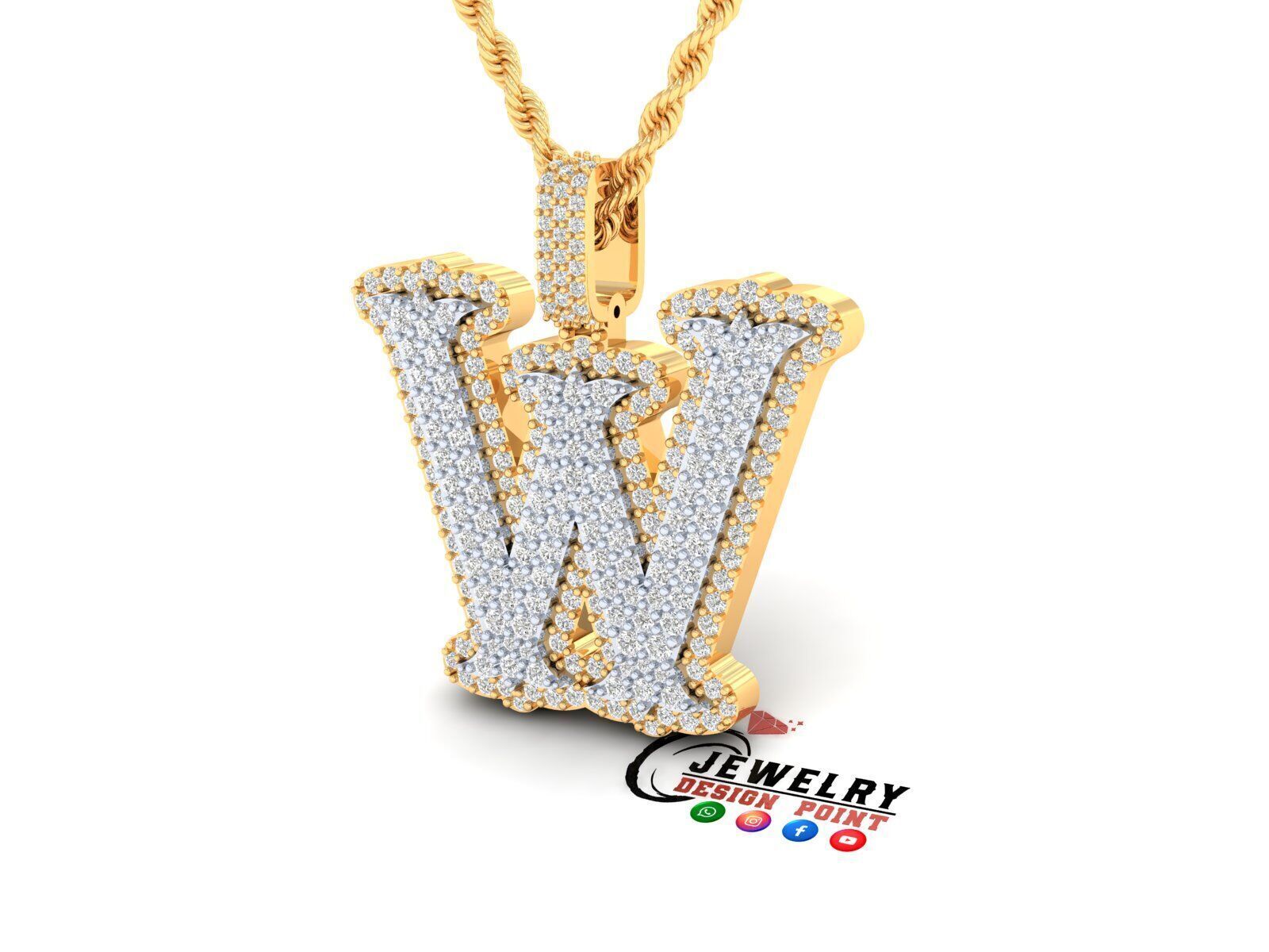 Custom Initial W Letter Diamond  A to Z Alphabet  Necklace 3D print model_2