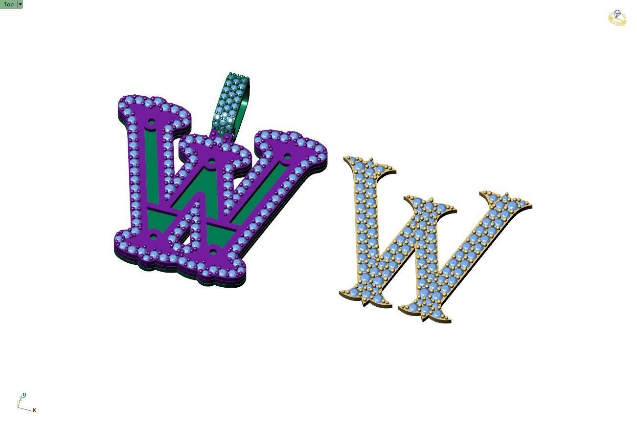 Custom Initial W Letter Diamond  A to Z Alphabet  Necklace 3D print model_10