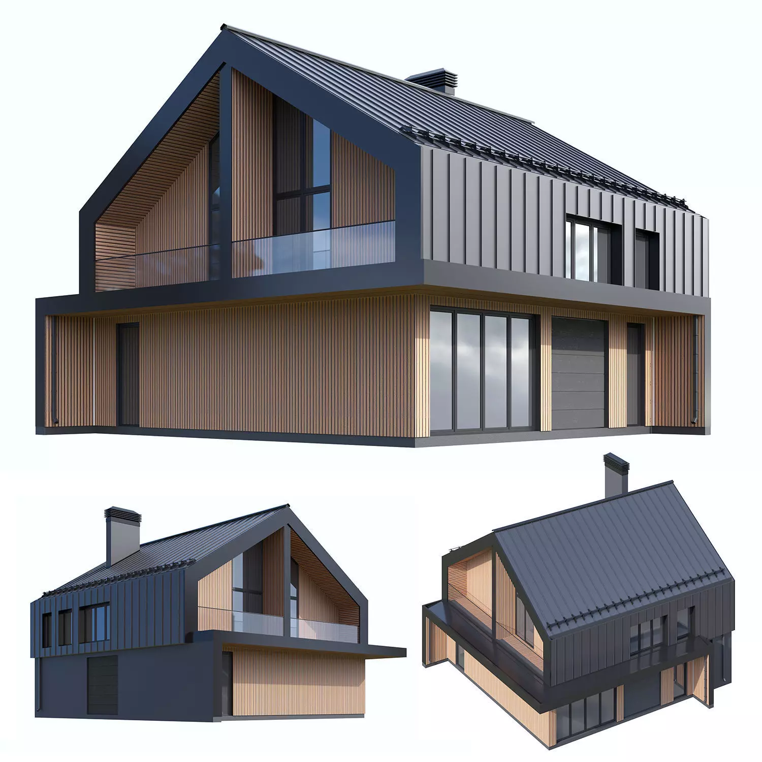 Modern barn style house Low-poly 3D model_0