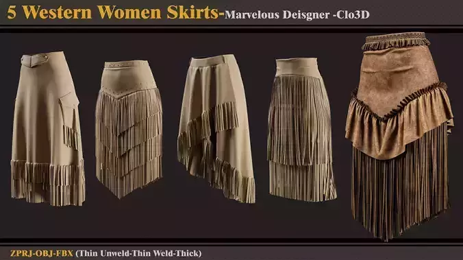 5 Western Skirts-MD-CLo3D-ZPRJ-FBX -OBJ