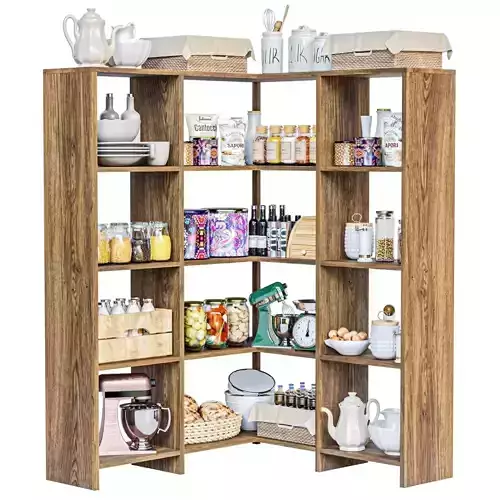 Shelf with dishes kitchen utensils and preserves