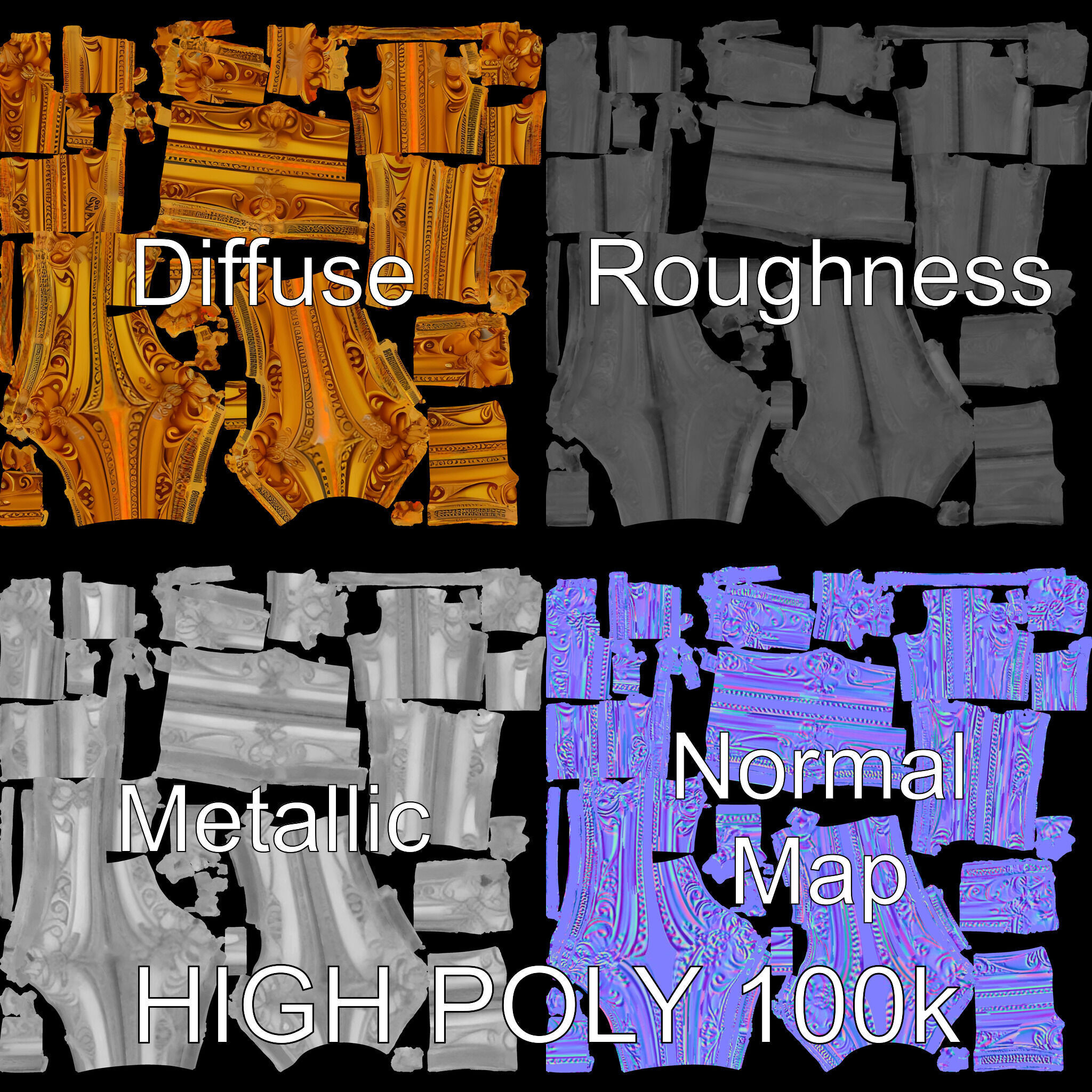 Baroque Gold Ornate Frame D Model Pack Low-poly 3D model_2