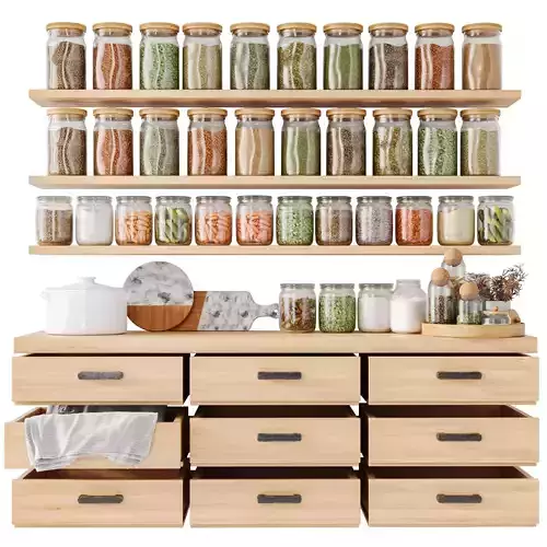 Rack with spices groceries and other decor for the kitchen