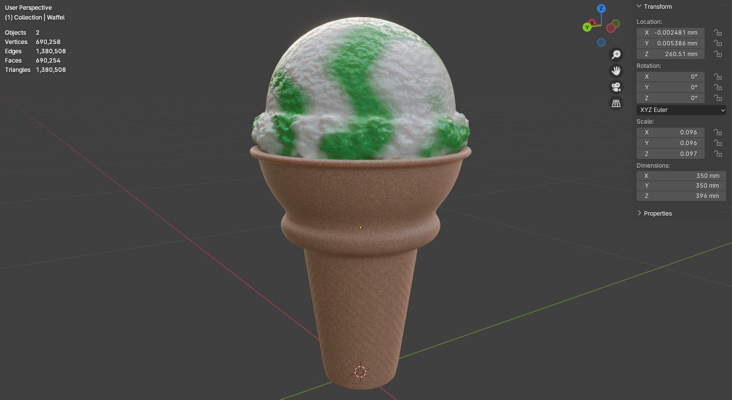 Green Apple Ice Cream Cone 3D Dessert Model 3D model_12