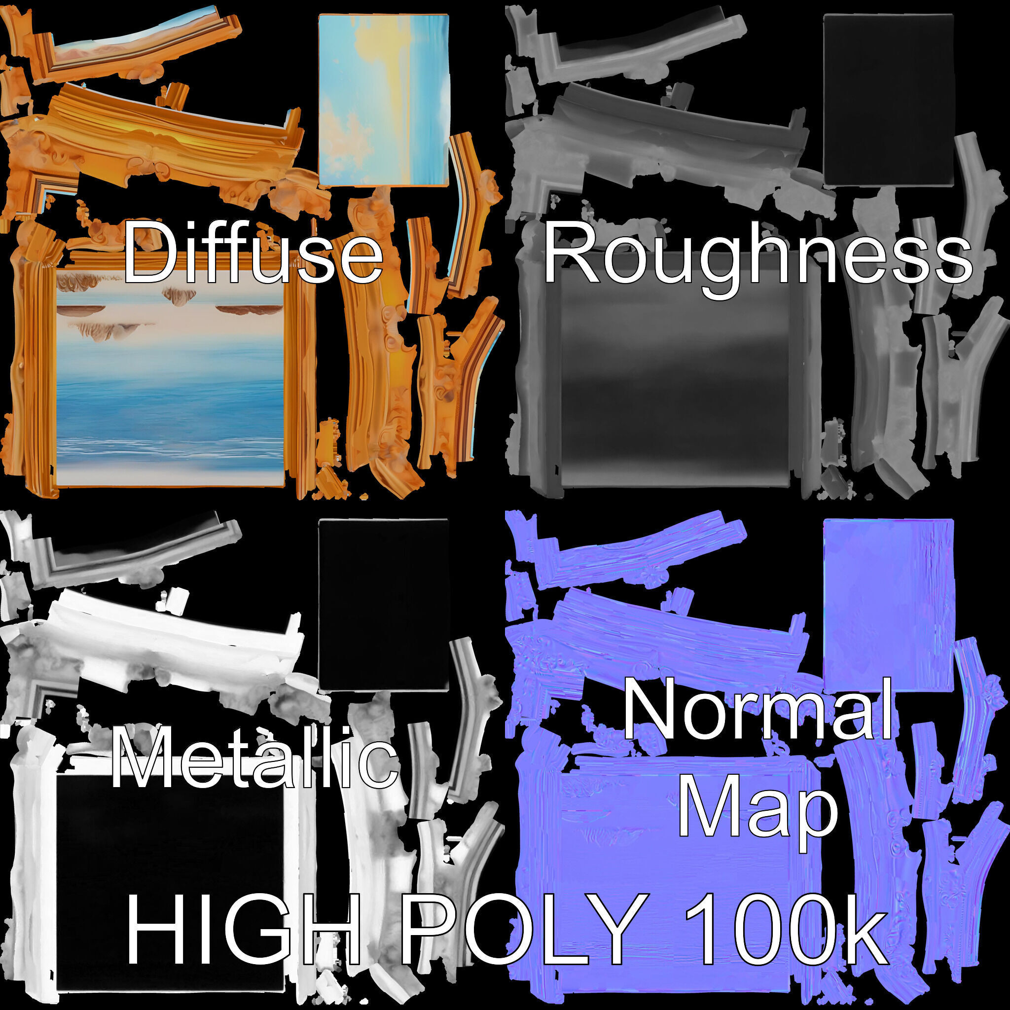 Ornate Gold Frame with Ocean Scene Model Pack Low-poly 3D model_2