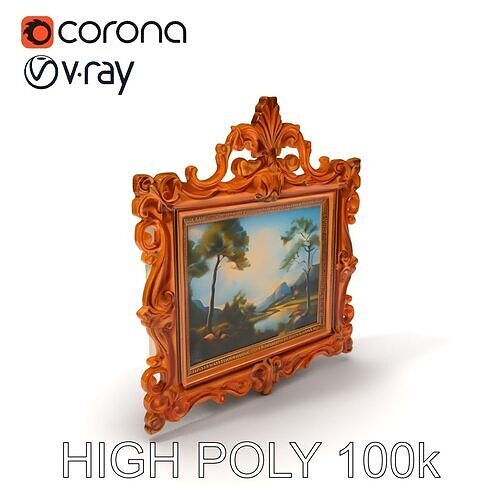 Ornate Gold Picture Frame with Landscape Painting D Model Pack Low-poly 3D model