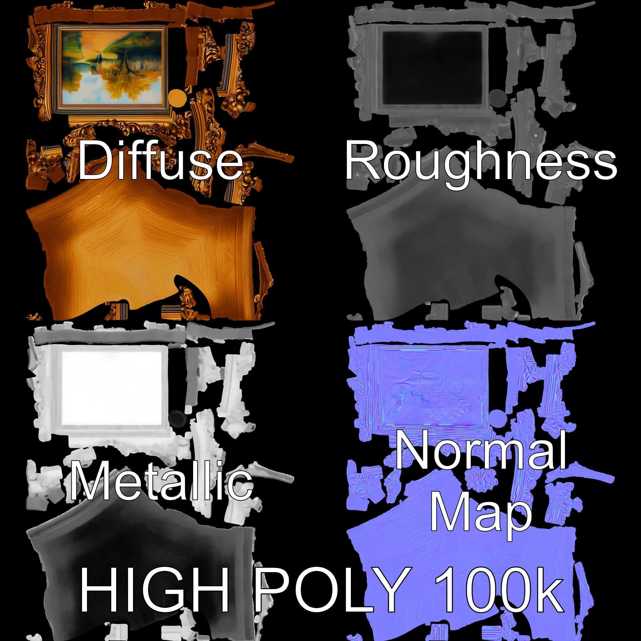 Ornate Gold Frame with Landscape Painting Model Pack Low-poly 3D model_2