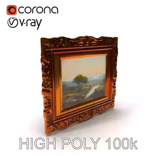 Ornate Gold Picture Frame and Landscape Painting Model Pack Low-poly 3D model