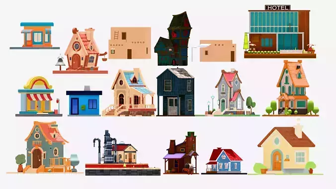 Stylized Game-Ready Houses Pack 16 Cartoon Buildings  Low-poly 3D model
