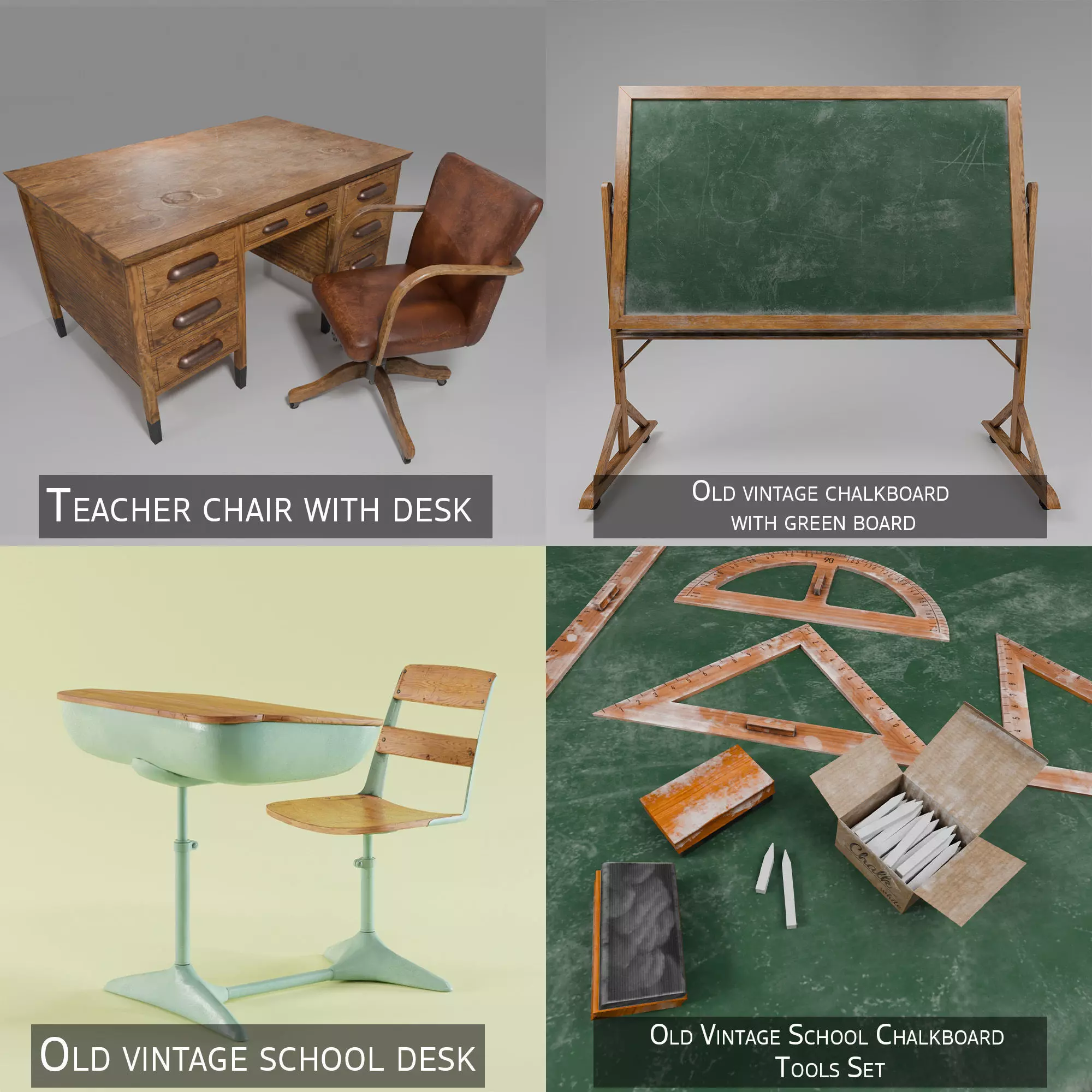 Vintage Old School Classroom 3D Asset Pack 3D Model Collection_0