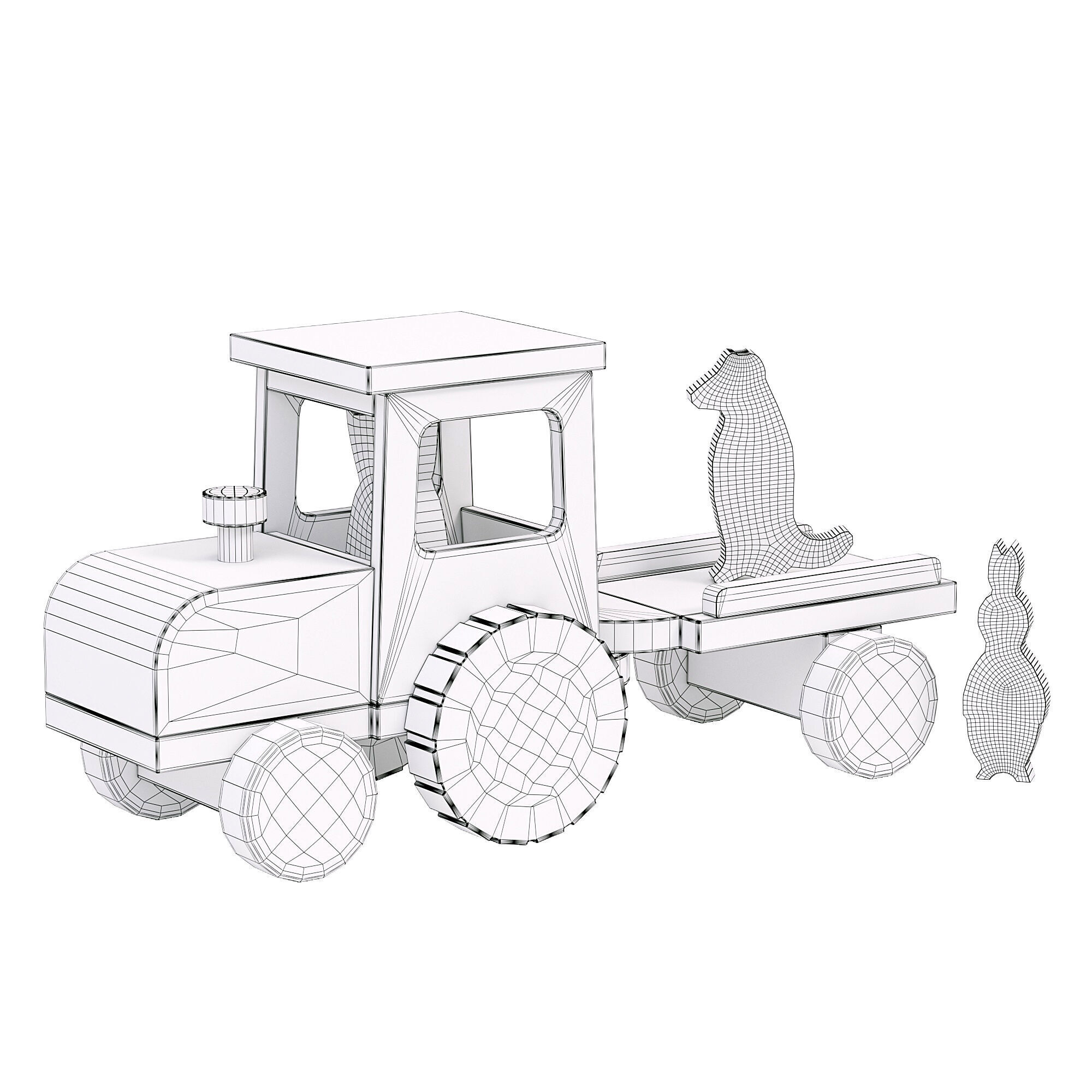Holztraktor mit Anhanger Tiere Low-poly 3D model_3