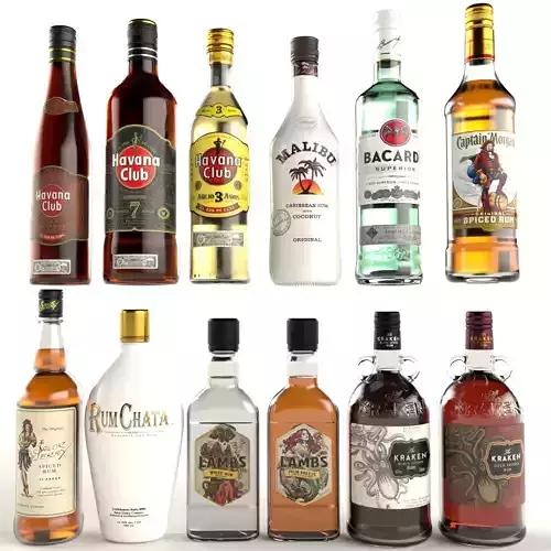 Rum Alcohol Bottle Collection - Havana Kraken Malibu Bacardi Low-poly 3D model