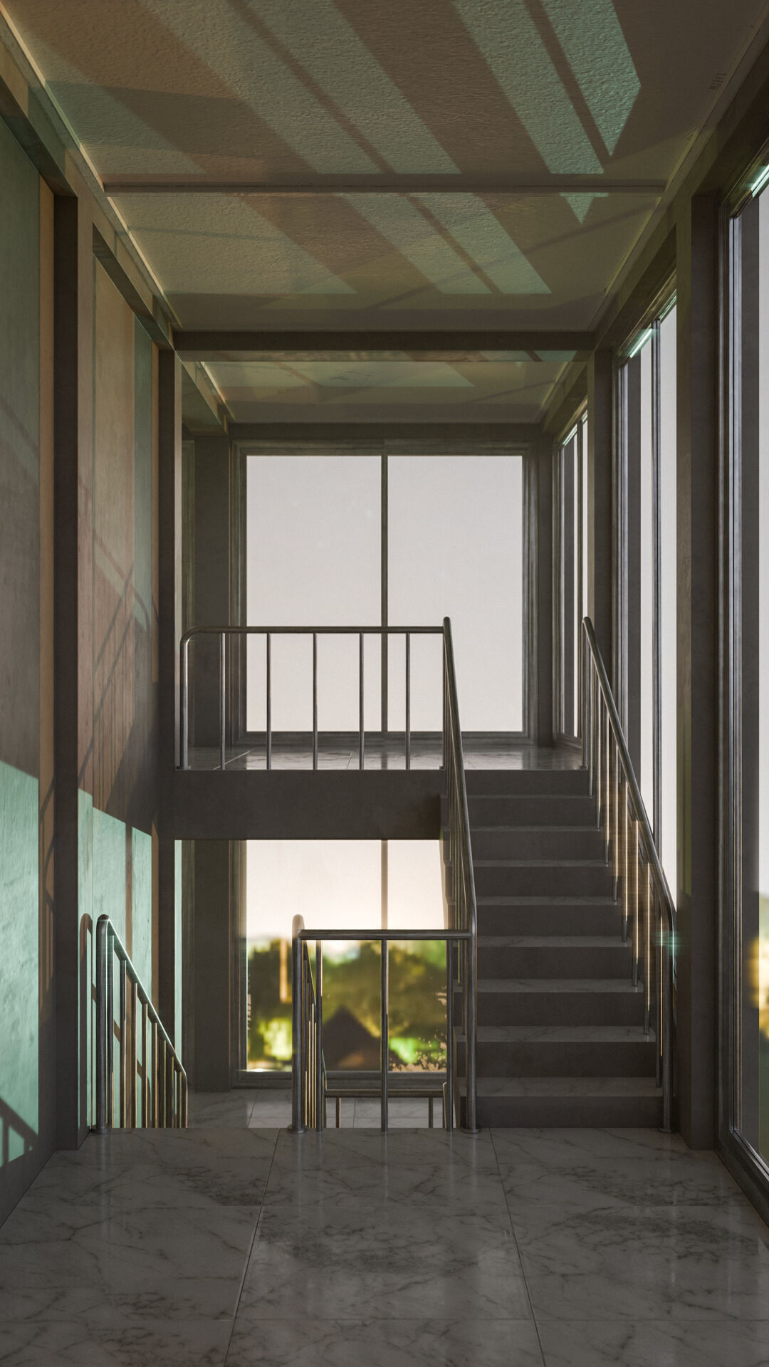 Staircase in a building with large windows Low-poly 3D model_19
