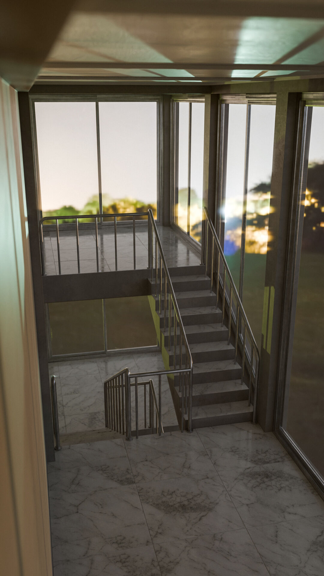 Staircase in a building with large windows Low-poly 3D model_24