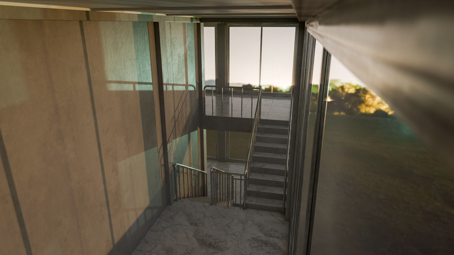 Staircase in a building with large windows Low-poly 3D model_9