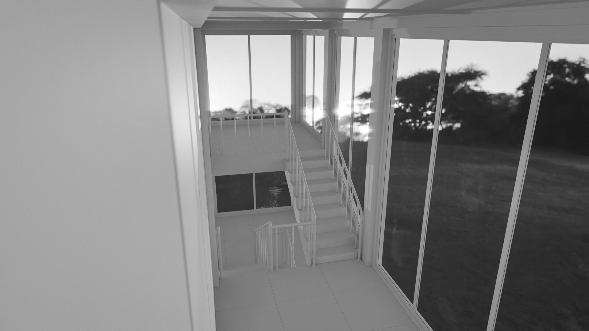 Staircase in a building with large windows Low-poly 3D model_15