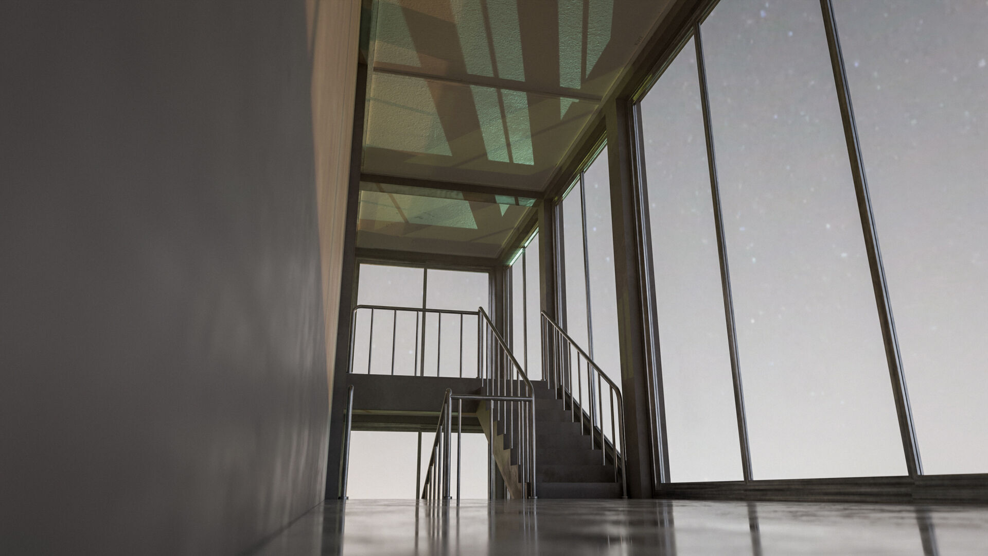 Staircase in a building with large windows Low-poly 3D model_5