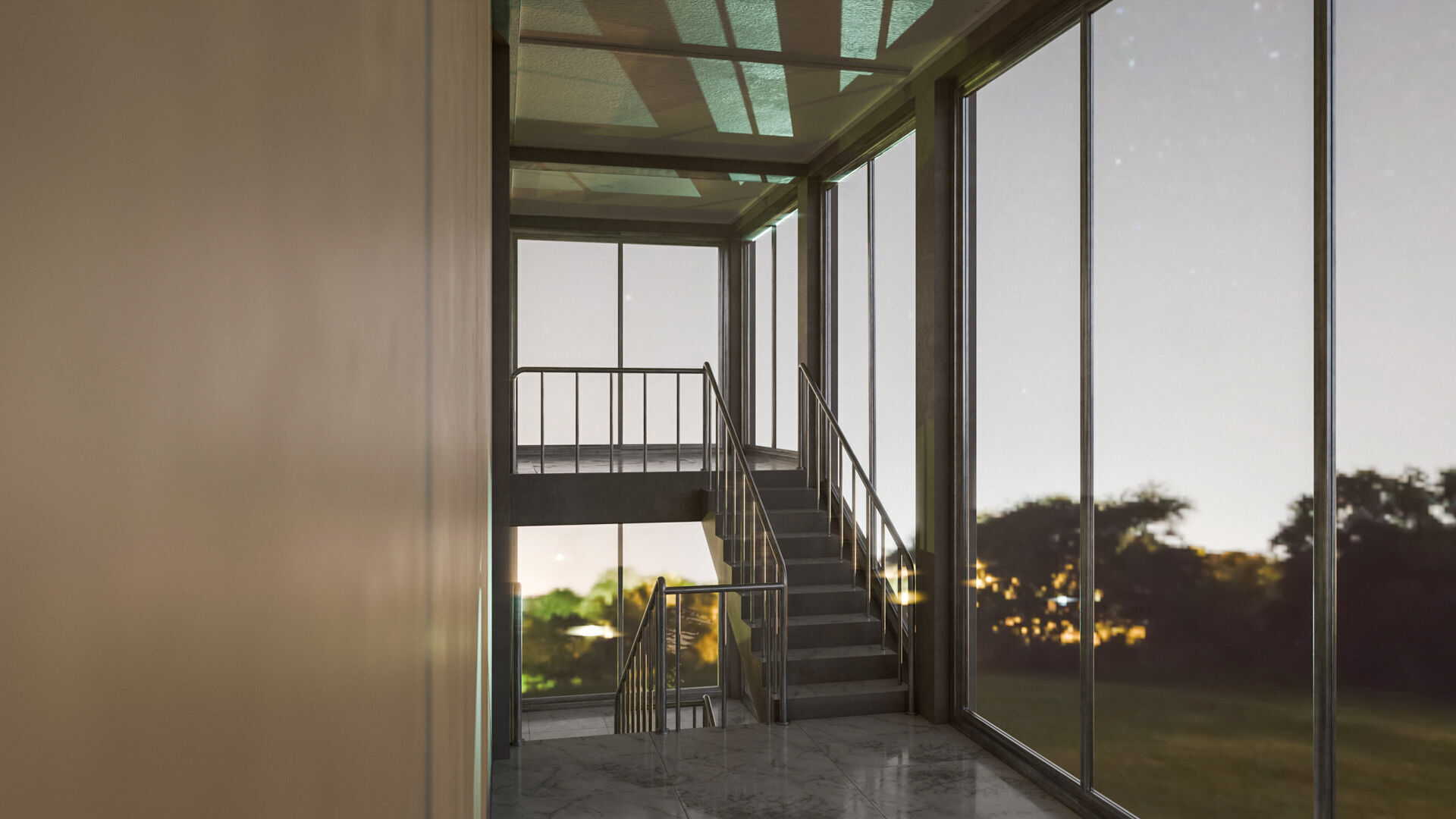 Staircase in a building with large windows Low-poly 3D model_4