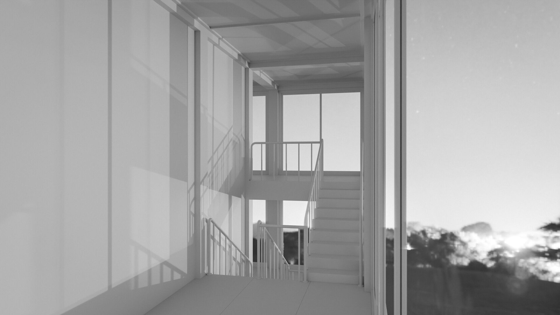 Staircase in a building with large windows Low-poly 3D model_16