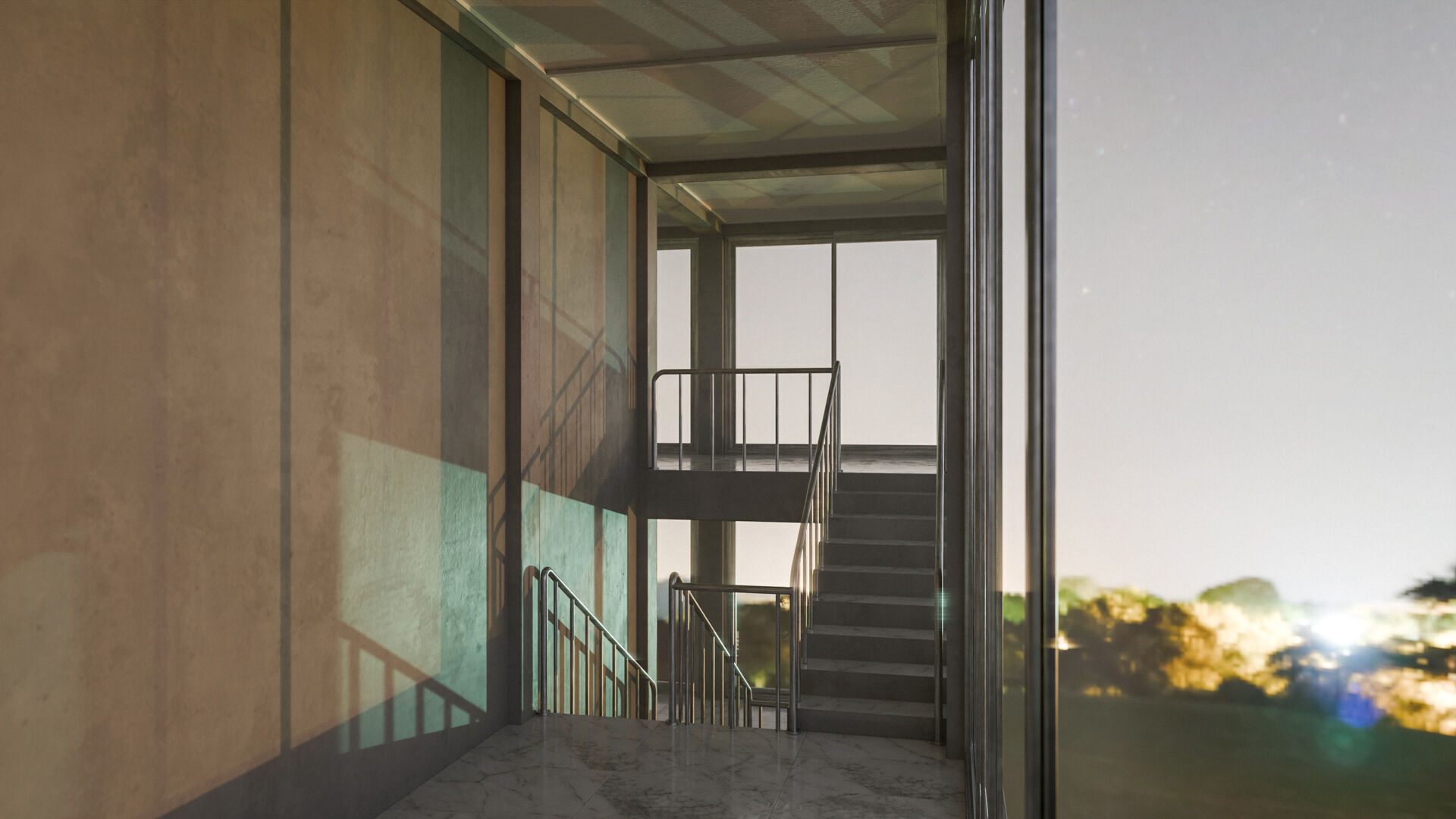 Staircase in a building with large windows Low-poly 3D model_7